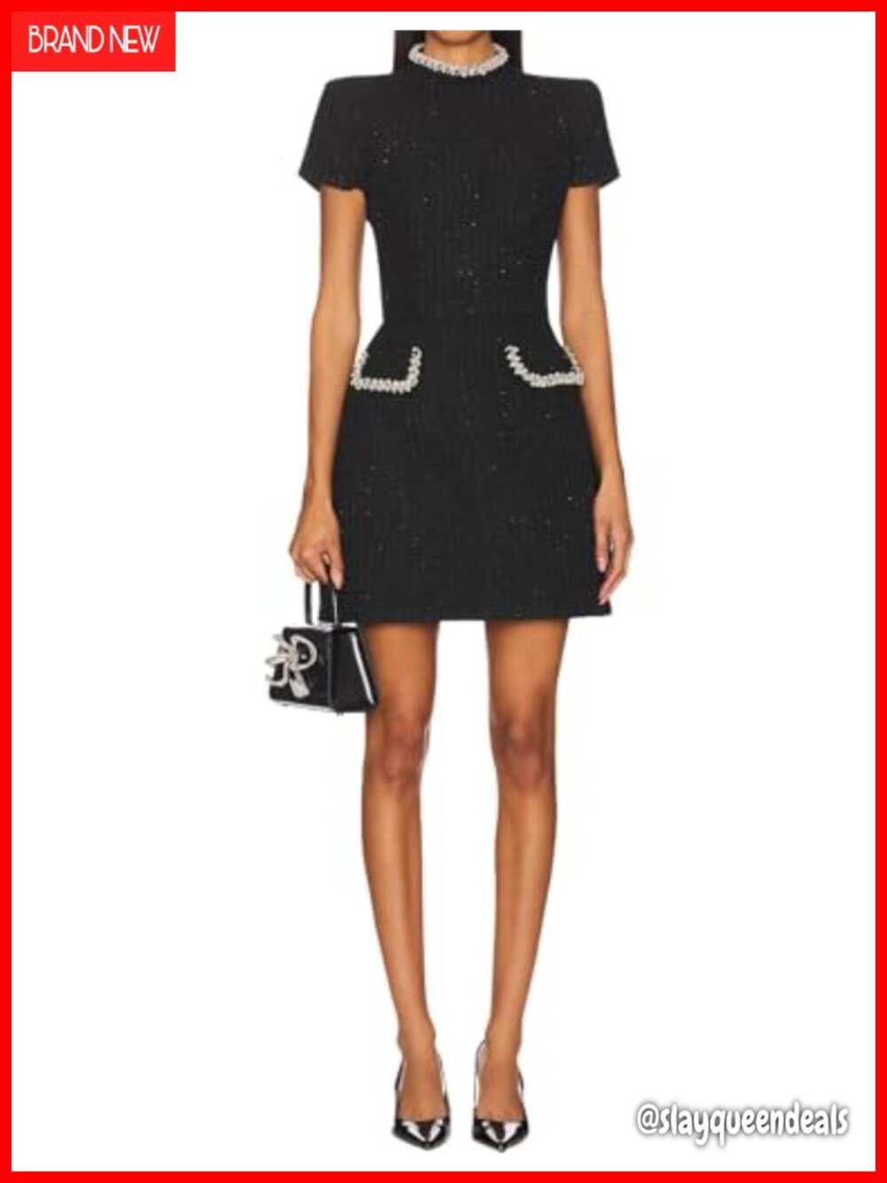 Tweed Mini Dress Short Sleeve High Neck Bodycon Party Clubwear